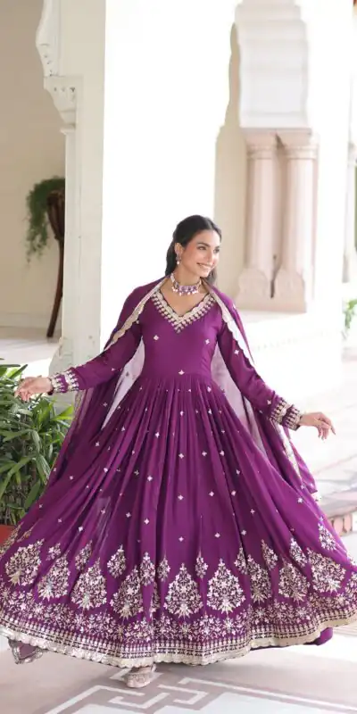 Purple Vichitra Silk Sequins Work Gown