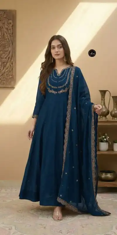 Teal Vichitra Silk Sequence Work Gown