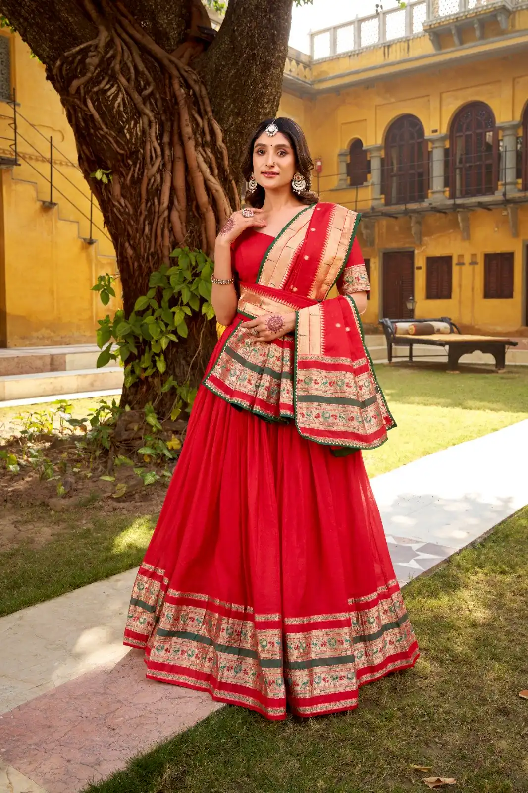 Red Pure Chanderi Zari Weaving Work Lehenga Choli