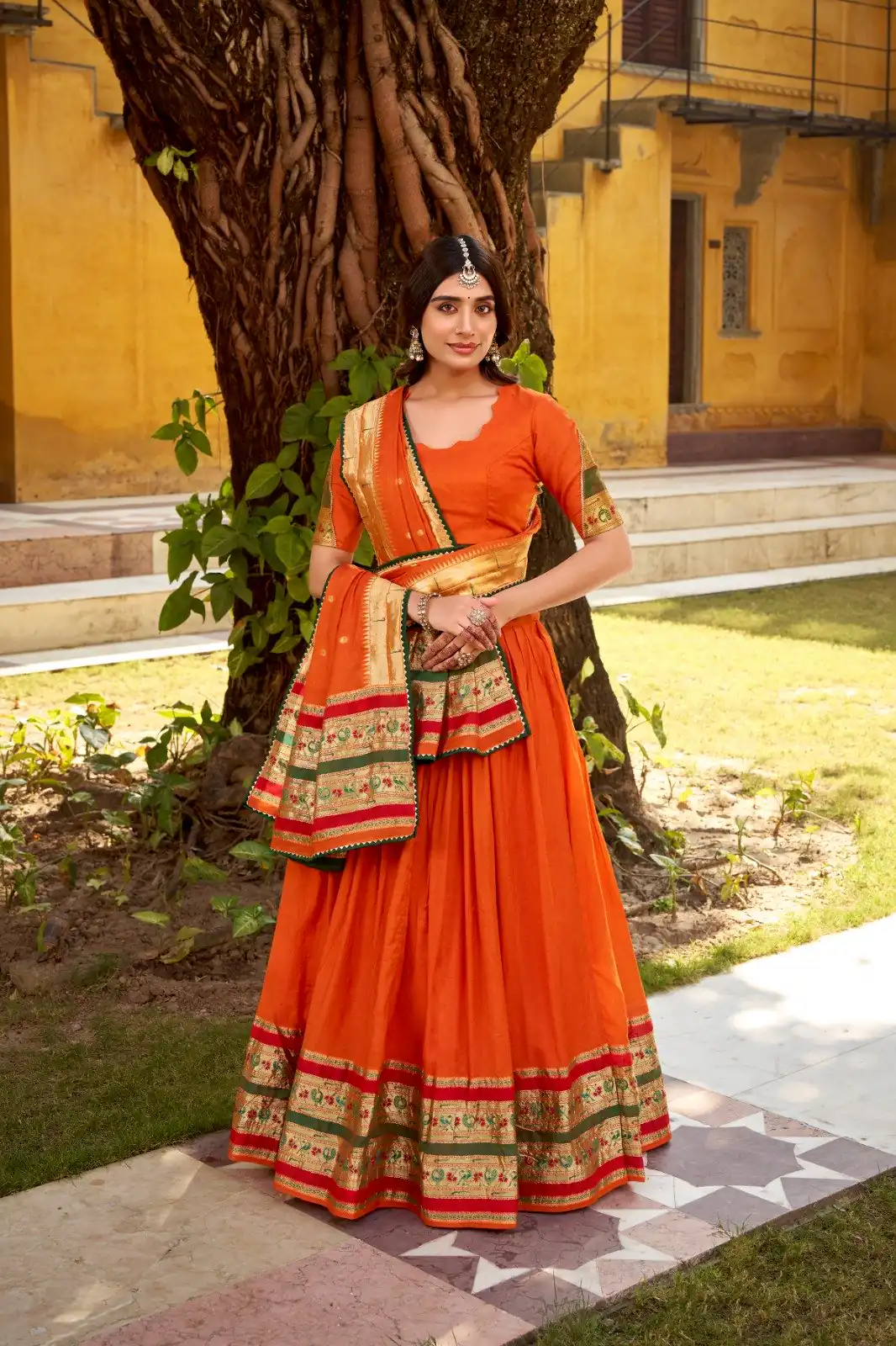Orange Pure Chanderi Zari Weaving Work Lehenga Choli - Image 2