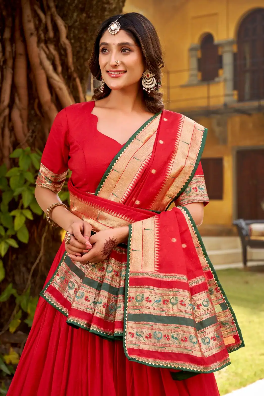 Red Pure Chanderi Zari Weaving Work Lehenga Choli - Image 3