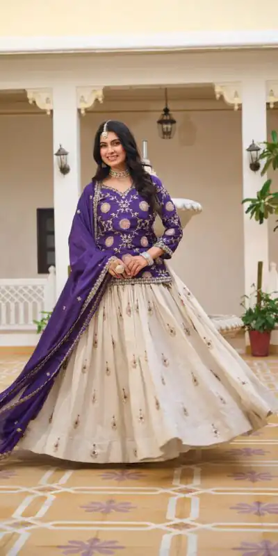 Dark Purple Pure Chinon Embroidery Work Lehenga Choli
