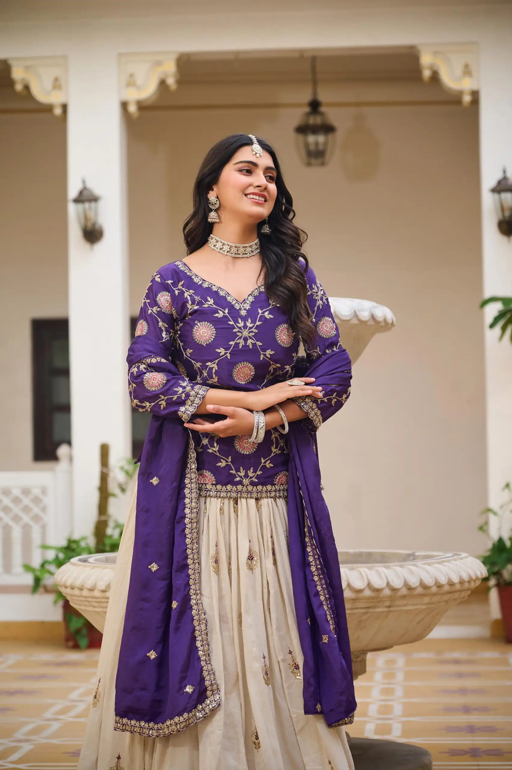 Dark Purple Pure Chinon Embroidery Work Lehenga Choli - Image 3