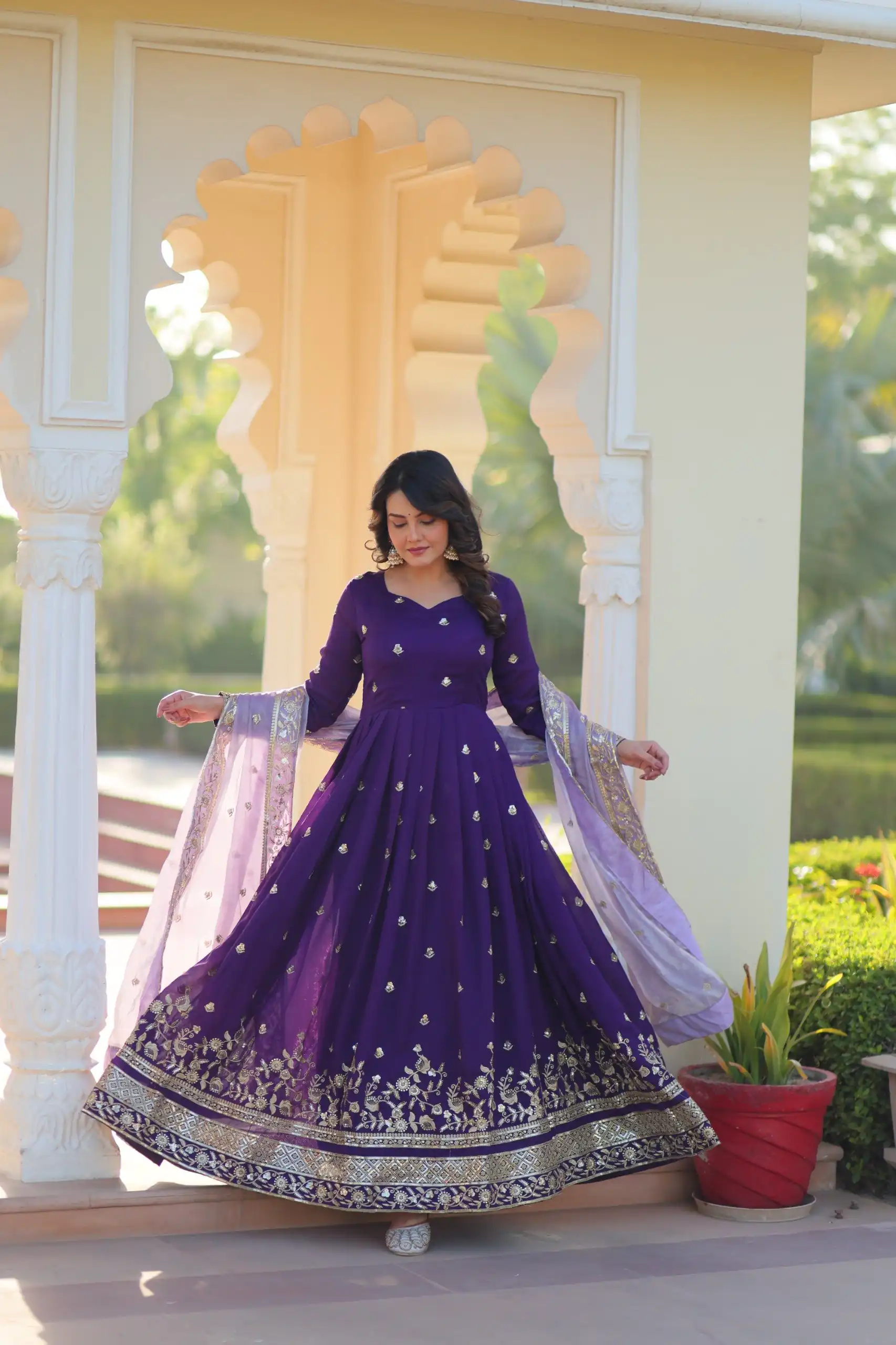 Purple Star Georgette Zari Embroidery Work Gown - Image 6