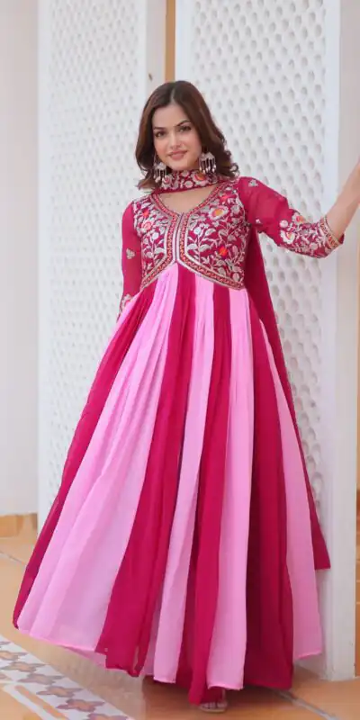 Pink Fox Georgette Embroidery Thread Work Gown