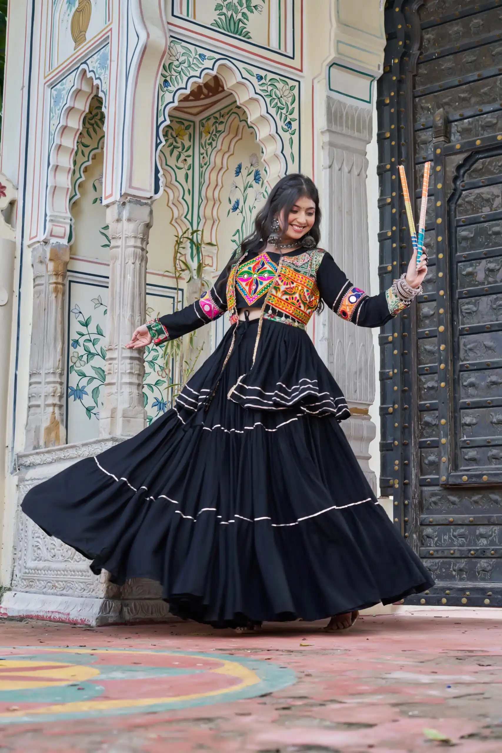 Black Pure Cotton Mirror Gamthi Work Lehenga Choli