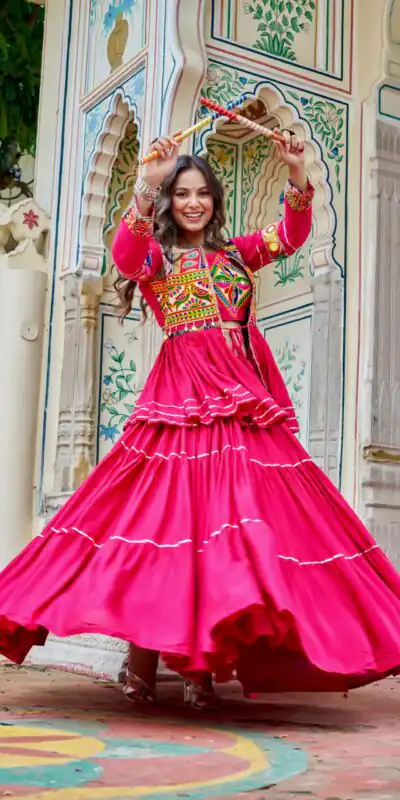 Pink Pure Cotton Mirror Gamthi Work Lehenga Choli