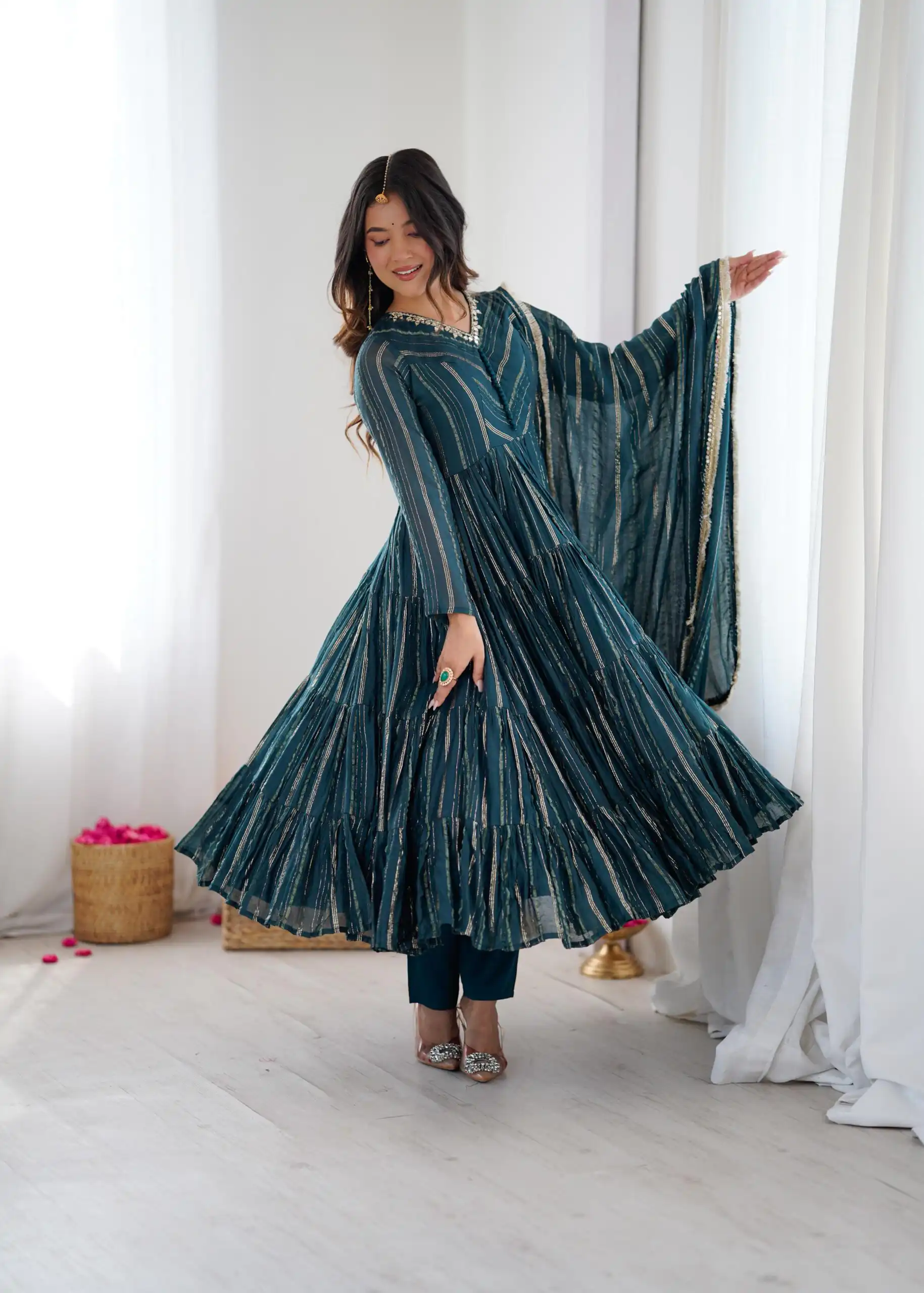 Peacock Blue Mal Chanderi Mirror Lace Work Gown - Image 2