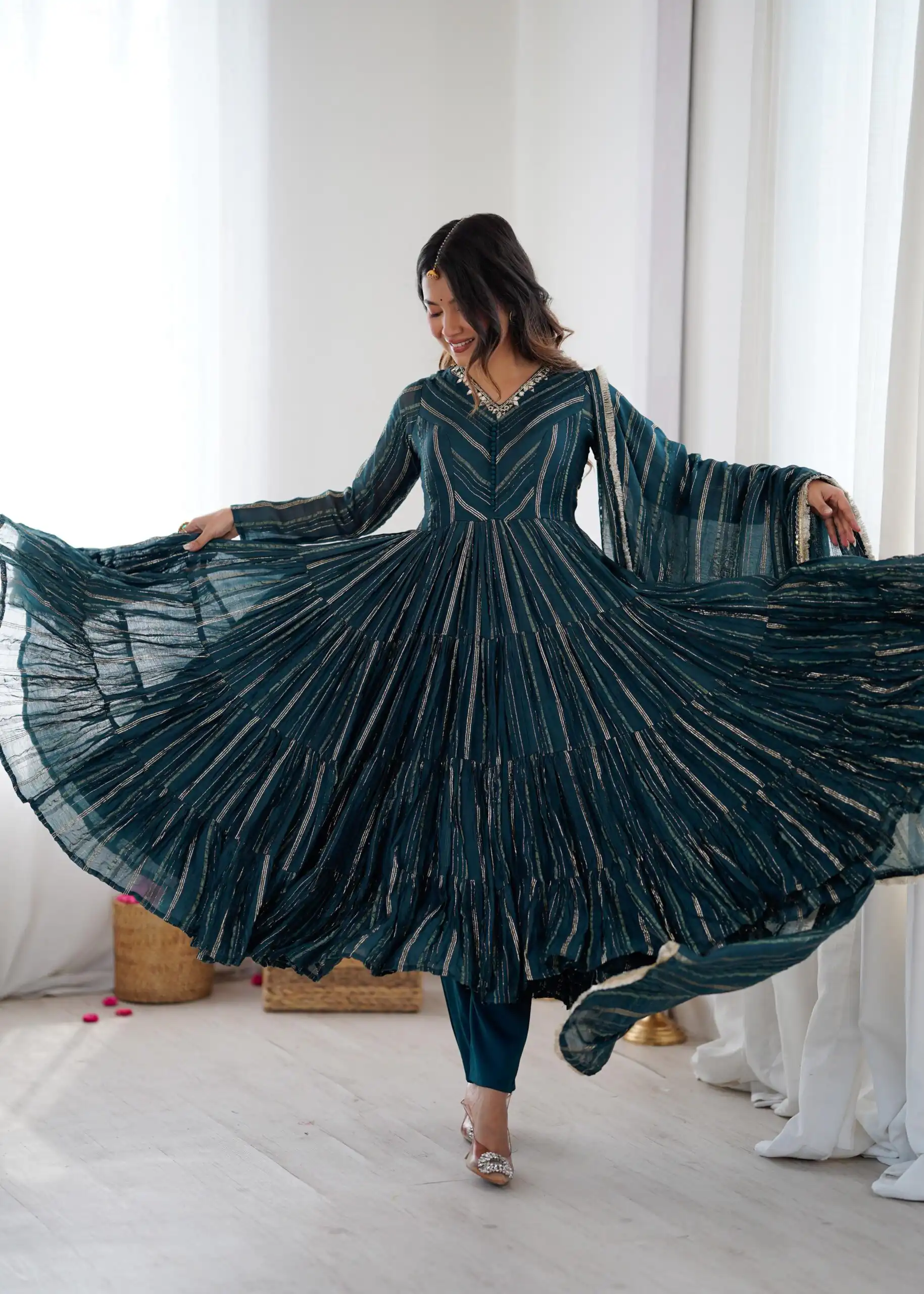 Peacock Blue Mal Chanderi Mirror Lace Work Gown - Image 4