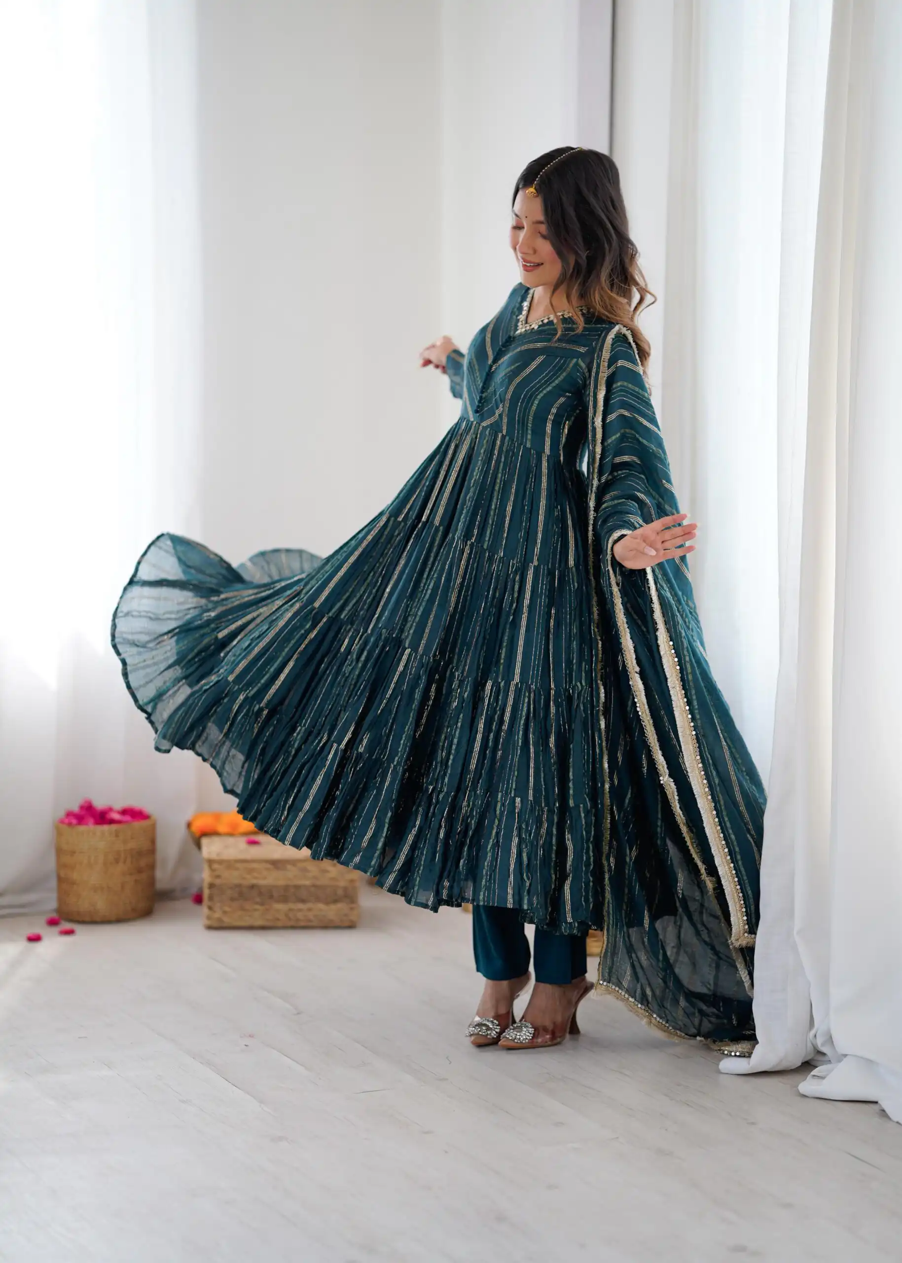 Peacock Blue Mal Chanderi Mirror Lace Work Gown - Image 9