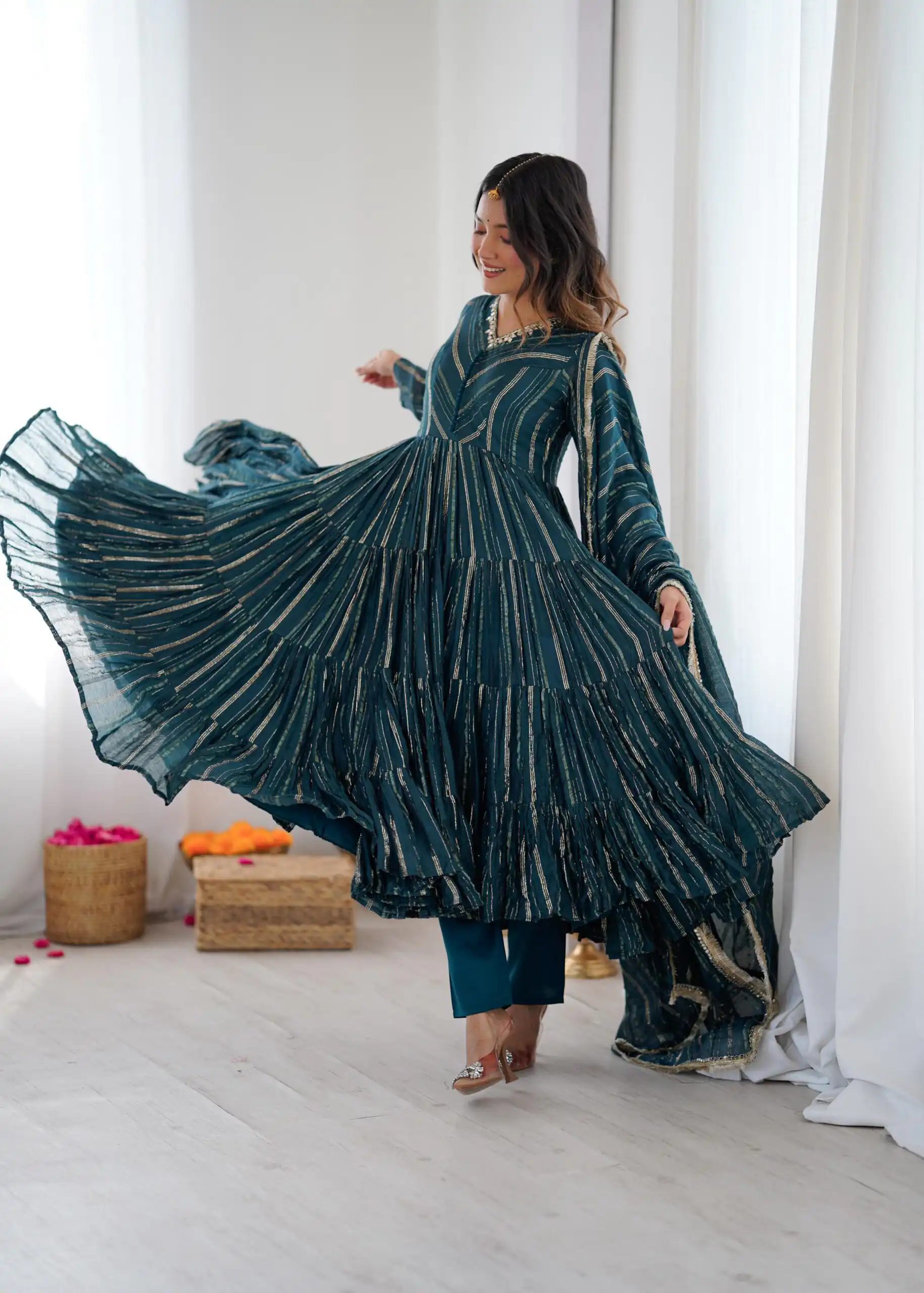 Peacock Blue Mal Chanderi Mirror Lace Work Gown - Image 11