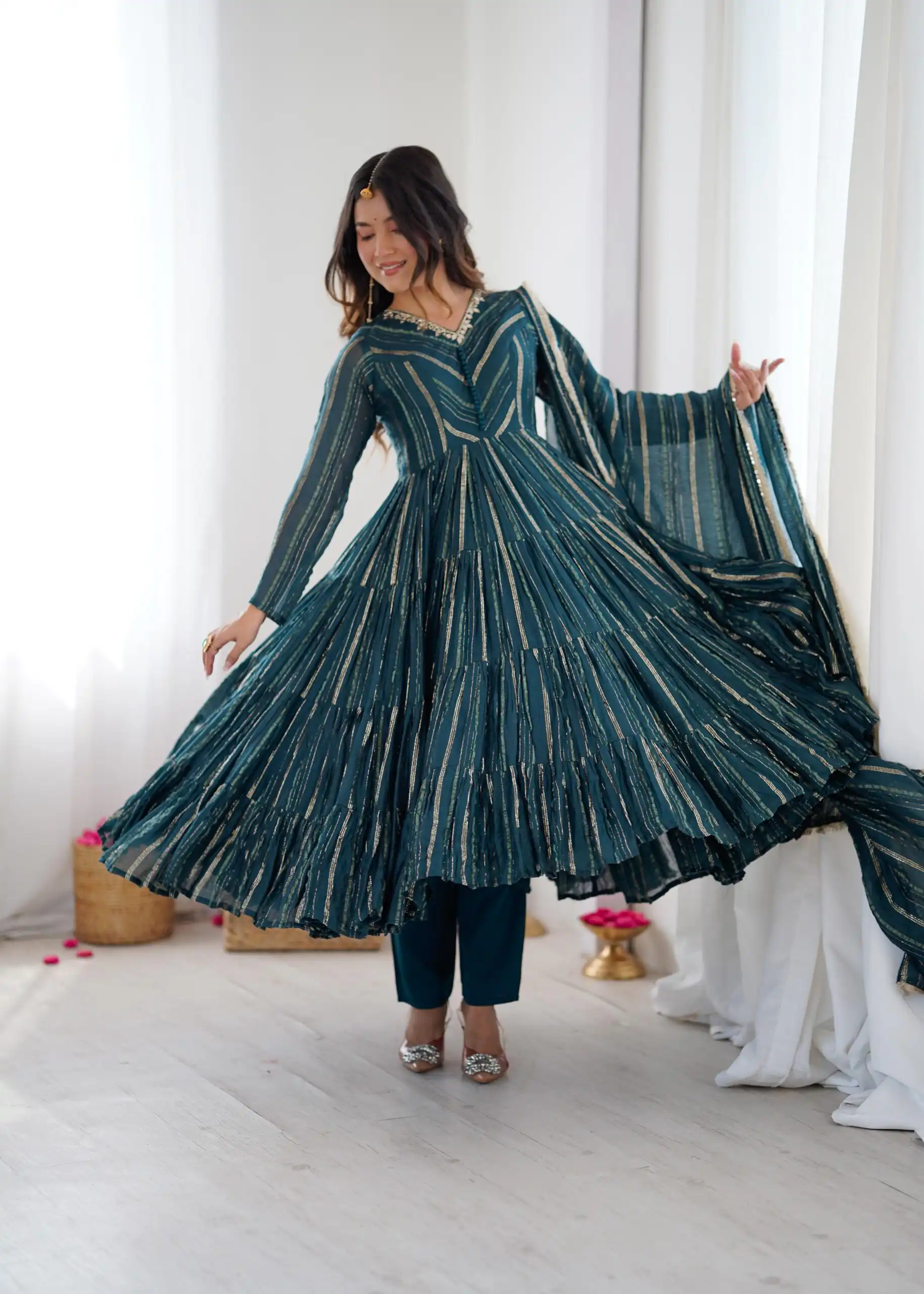 Peacock Blue Mal Chanderi Mirror Lace Work Gown - Image 12