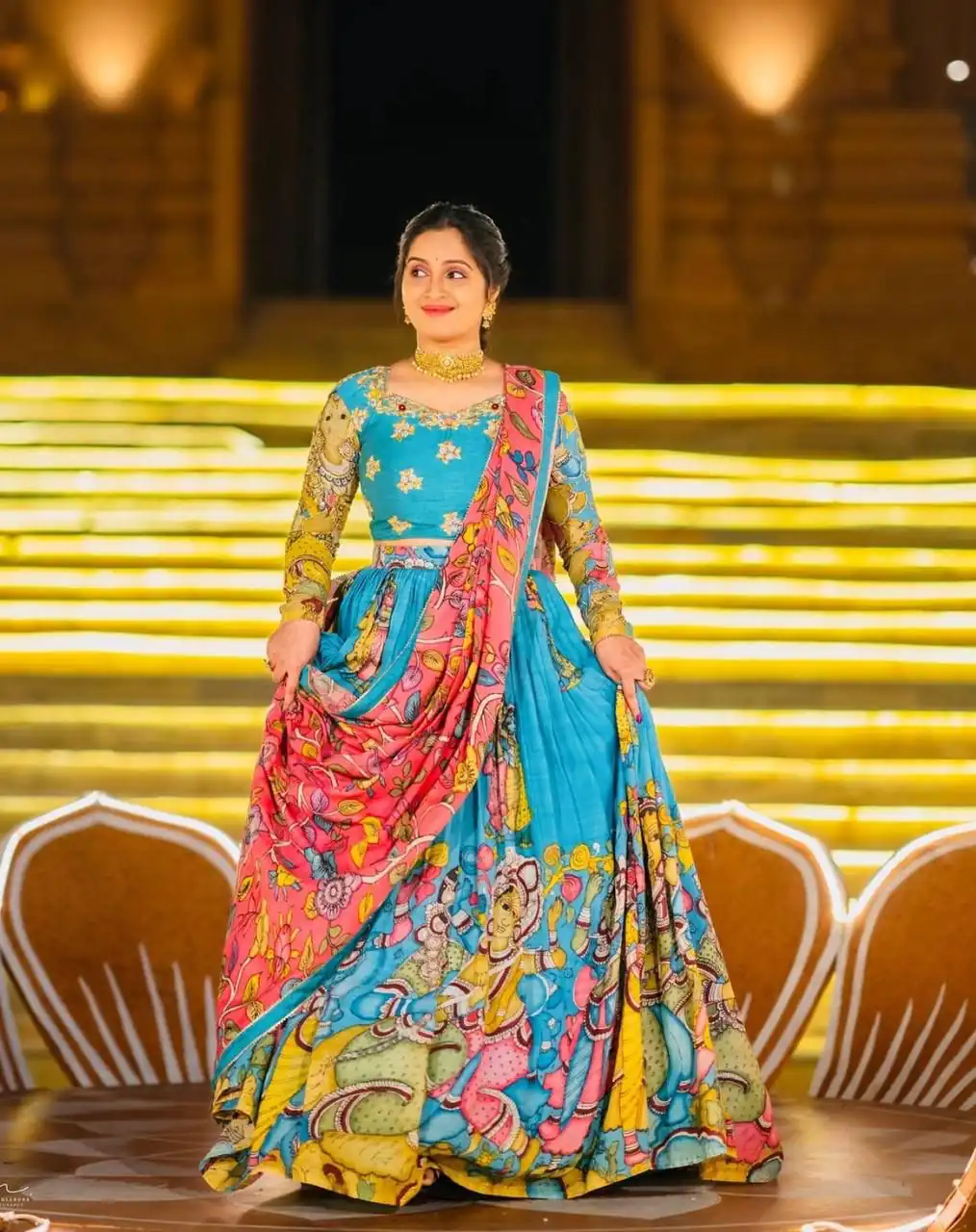 Blue Rayon Cotton Kalamkari Printed Lehenga Choli - Image 4