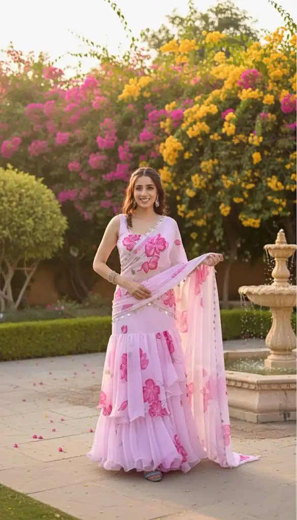 Baby Pink Premium Faux Georgette Saree BD 1805 Baby Pink with Digital Print. Now at just ₹2049. Delivery 4-6 Working Days. Shop now. | Sarees, Bollywood Sarees, Creative Sarees, Designer Sarees, Embroidered Sarees, Ethnic Saree, Modern Digital sarees, Party Wear Sarees