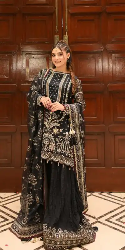 AD 213 Black Khajuri Crush Georgette Salwar Suit with Lace Work & Embroidery Work. Festive Deal ₹2649. Delivery 4-6 Working Days. Shop now. | Casual Suits, Jump Suits, Tops & Bottoms, Track Suits, Salwar suit, Creative suits, Designer Suits, Palazzo Suits, Party Wear Suits, Patiala Suits, Straight Suits, Trendy Wear