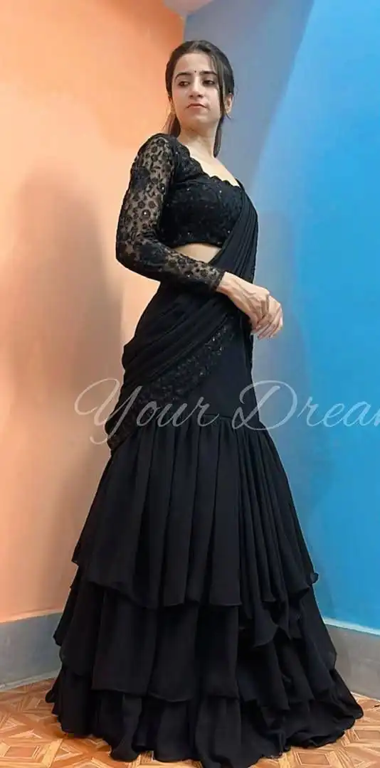 KF 1663 Black Faux Georgette Lehenga Choli with Embroidery Work & Sequins Work. Grab it for ₹2099. Delivery 4-6 Working Days. Shop now. | Lehenga, Bollywood Lehenga, Creative Lehenga, Designer Lehenga, Embroidered Lehenga, Party Wear Lehenga