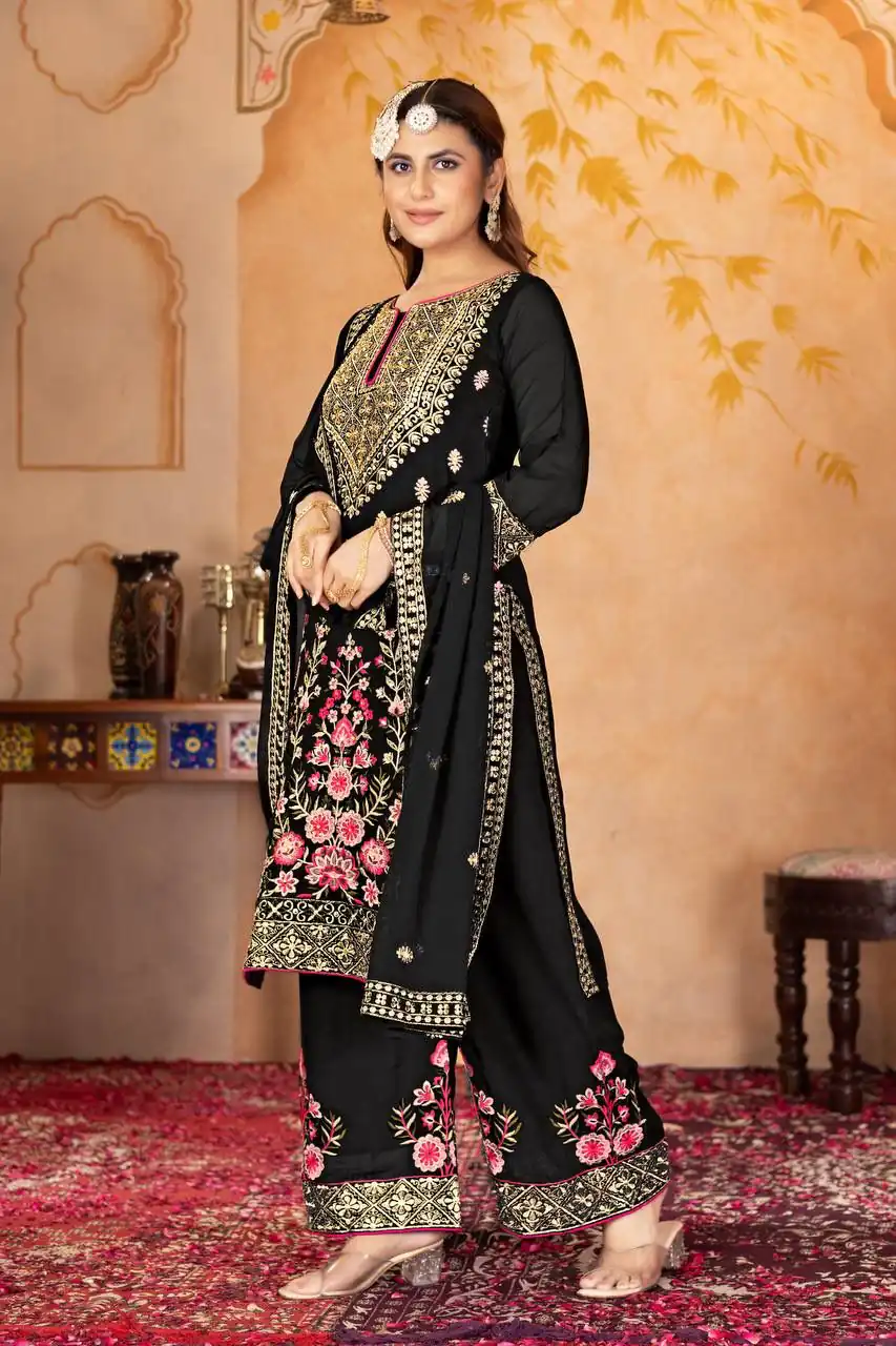 KF 1686 Black Faux Georgette Salwar Suit with Embroidery Work & Mirror Work. Exclusive Offer ₹2449. Delivery 4-6 Working Days. Shop now. | Casual Suits, Jump Suits, Tops & Bottoms, Track Suits, Salwar suit, Creative suits, Designer Suits, Palazzo Suits, Party Wear Suits, Patiala Suits, Straight Suits, Trendy Wear