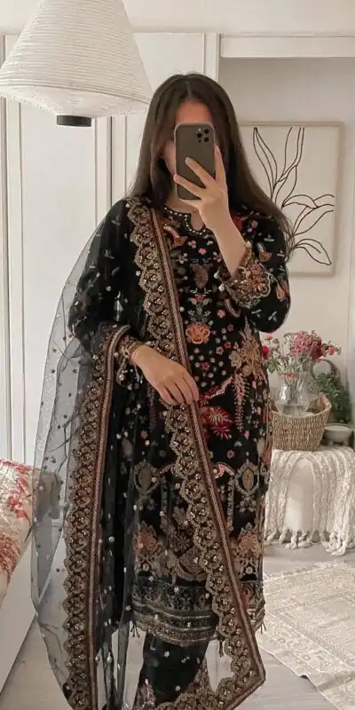 ST 169 Black in Faux Georgette Designer Work Salwar Suit . Wedding, Party, Festive, Events, Get it for ₹2049. Delivery 4-6 Working Days. Shop now. | Casual Suits, Jump Suits, Tops & Bottoms, Track Suits, Salwar suit, Creative suits, Designer Suits, Palazzo Suits, Party Wear Suits, Patiala Suits, Straight Suits, Trendy Wear