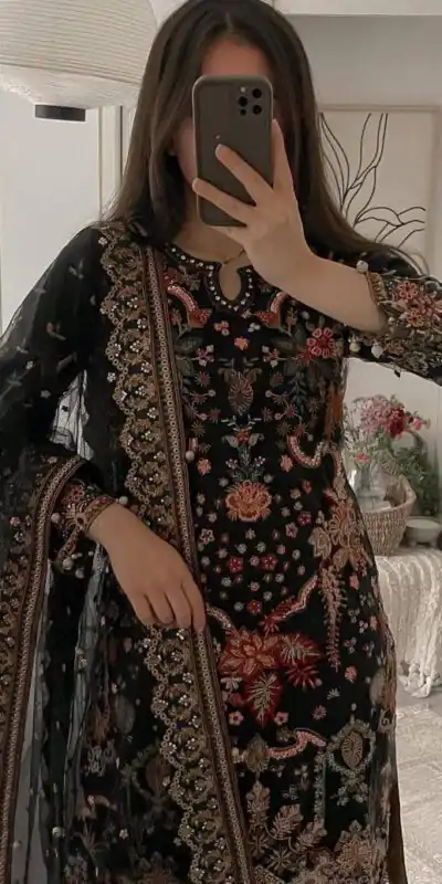 ST 169 Black in Faux Georgette Designer Work Salwar Suit . Wedding, Party, Festive, Events, Get it for ₹2049. Delivery 4-6 Working Days. Shop now. | Casual Suits, Jump Suits, Tops & Bottoms, Track Suits, Salwar suit, Creative suits, Designer Suits, Palazzo Suits, Party Wear Suits, Patiala Suits, Straight Suits, Trendy Wear