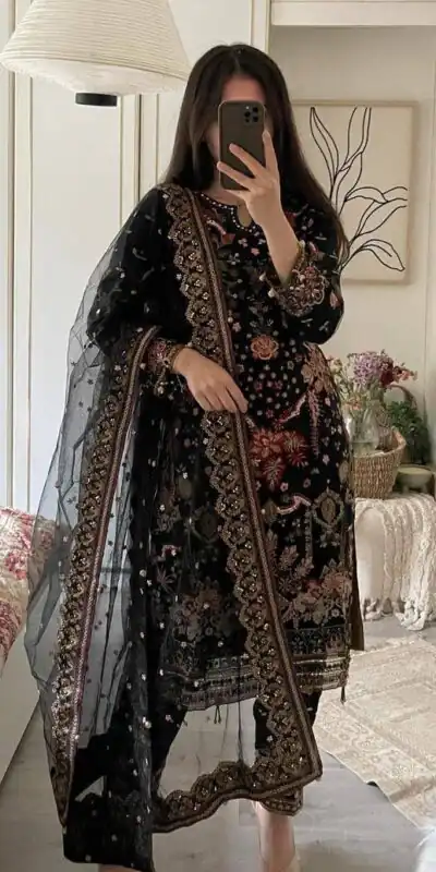 ST 169 Black in Faux Georgette Designer Work Salwar Suit . Wedding, Party, Festive, Events, Get it for ₹2049. Delivery 4-6 Working Days. Shop now. | Casual Suits, Jump Suits, Tops & Bottoms, Track Suits, Salwar suit, Creative suits, Designer Suits, Palazzo Suits, Party Wear Suits, Patiala Suits, Straight Suits, Trendy Wear