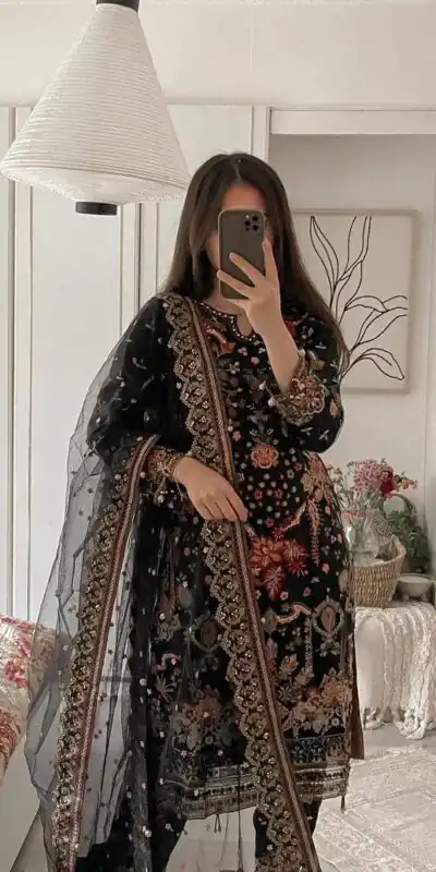 ST 169 Black in Faux Georgette Designer Work Salwar Suit . Wedding, Party, Festive, Events, Get it for ₹2049. Delivery 4-6 Working Days. Shop now. | Casual Suits, Jump Suits, Tops & Bottoms, Track Suits, Salwar suit, Creative suits, Designer Suits, Palazzo Suits, Party Wear Suits, Patiala Suits, Straight Suits, Trendy Wear