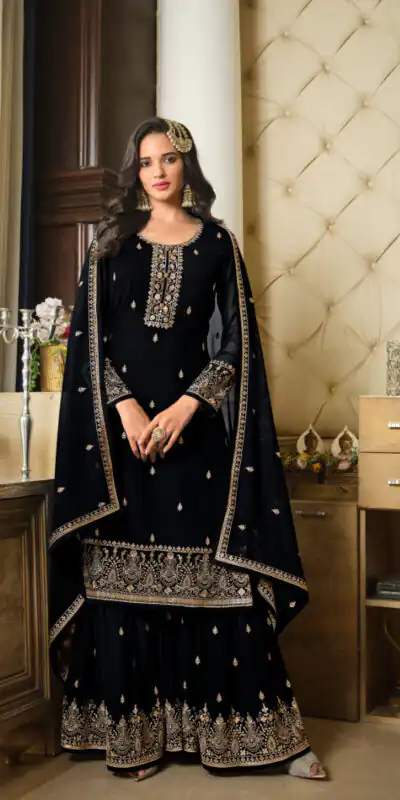 DS LT 8301 Black color Georgette Embroidery Sequence Work Sharara Suit Wedding, Festive, Events Etc. Expected Delivery 4-6 Working Days @2149/- | Casual Suits, Jump Suits, Salwar suit, Creative suits, Designer Suits, Palazzo Suits, Party Wear Suits, Patiala Suits, Straight Suits