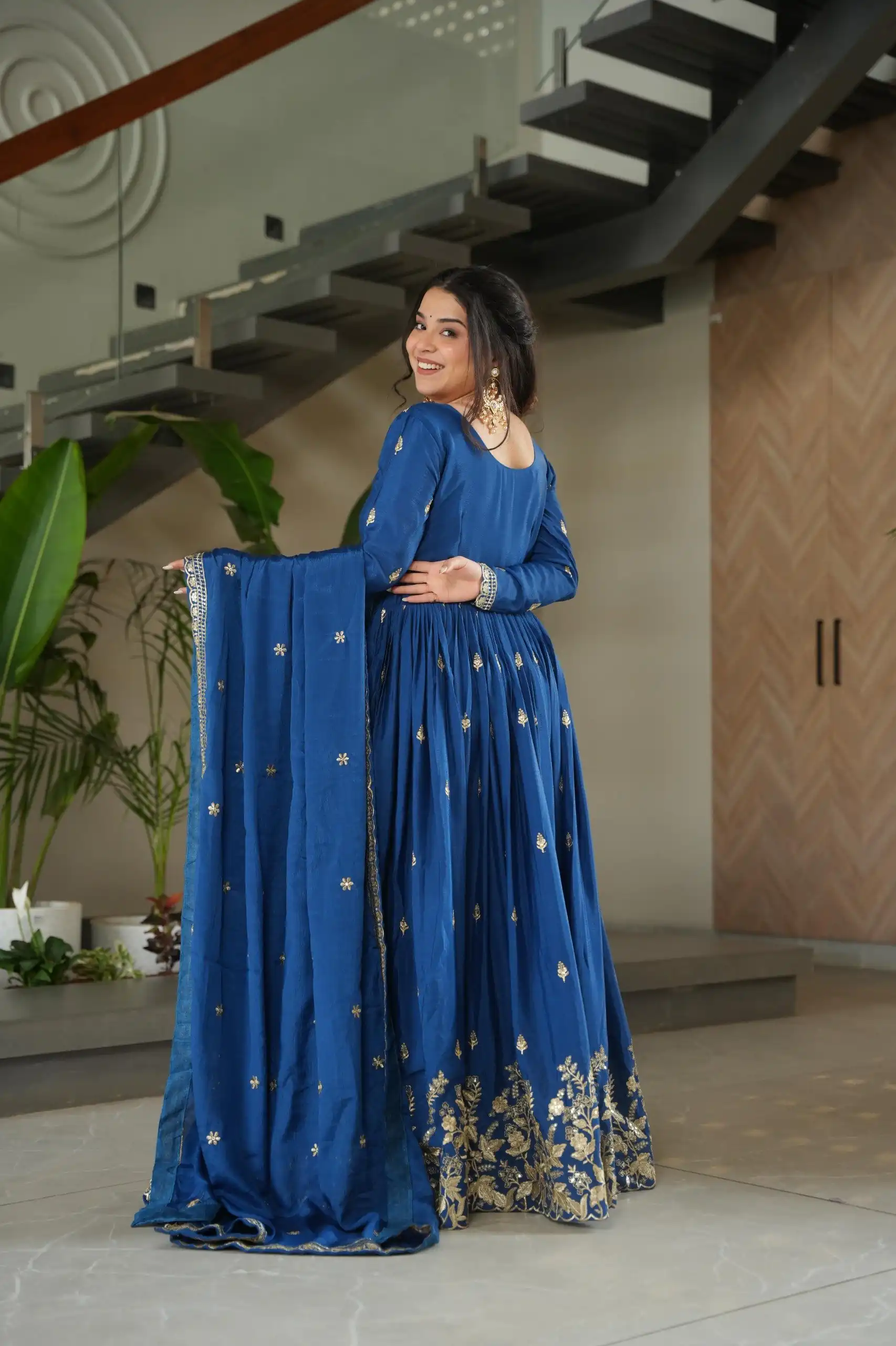 KA 1166 Blue Color Chinnon Gown with Zari Work & Embroidery Work. Available at ₹2099 only. Delivery 4-6 Working Days. Shop now. | Gowns, Bollywood Gowns, Creative Gowns, Designer Gowns, Embroidered Gowns, Party Wear Gowns