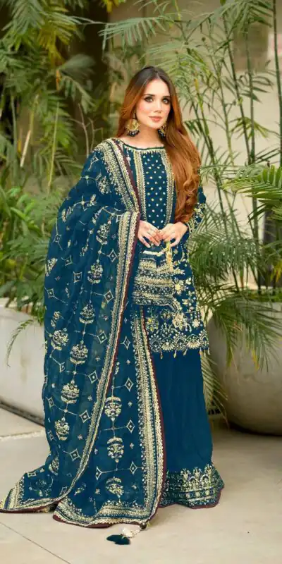 AD 213 Blue Khajuri Crush Georgette Salwar Suit with Lace Work & Embroidery Work. Festive Deal ₹2649. Delivery 4-6 Working Days. Shop now. | Casual Suits, Jump Suits, Tops & Bottoms, Track Suits, Salwar suit, Creative suits, Designer Suits, Palazzo Suits, Party Wear Suits, Patiala Suits, Straight Suits, Trendy Wear