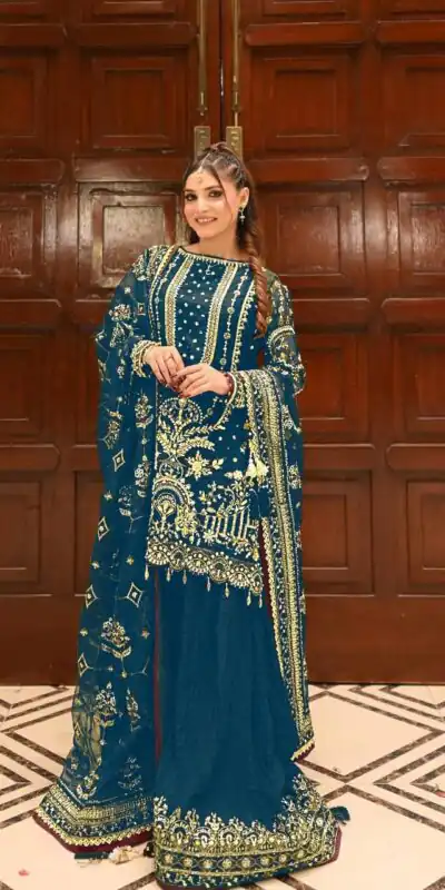 AD 213 Blue Khajuri Crush Georgette Salwar Suit with Lace Work & Embroidery Work. Festive Deal ₹2649. Delivery 4-6 Working Days. Shop now. | Casual Suits, Jump Suits, Tops & Bottoms, Track Suits, Salwar suit, Creative suits, Designer Suits, Palazzo Suits, Party Wear Suits, Patiala Suits, Straight Suits, Trendy Wear