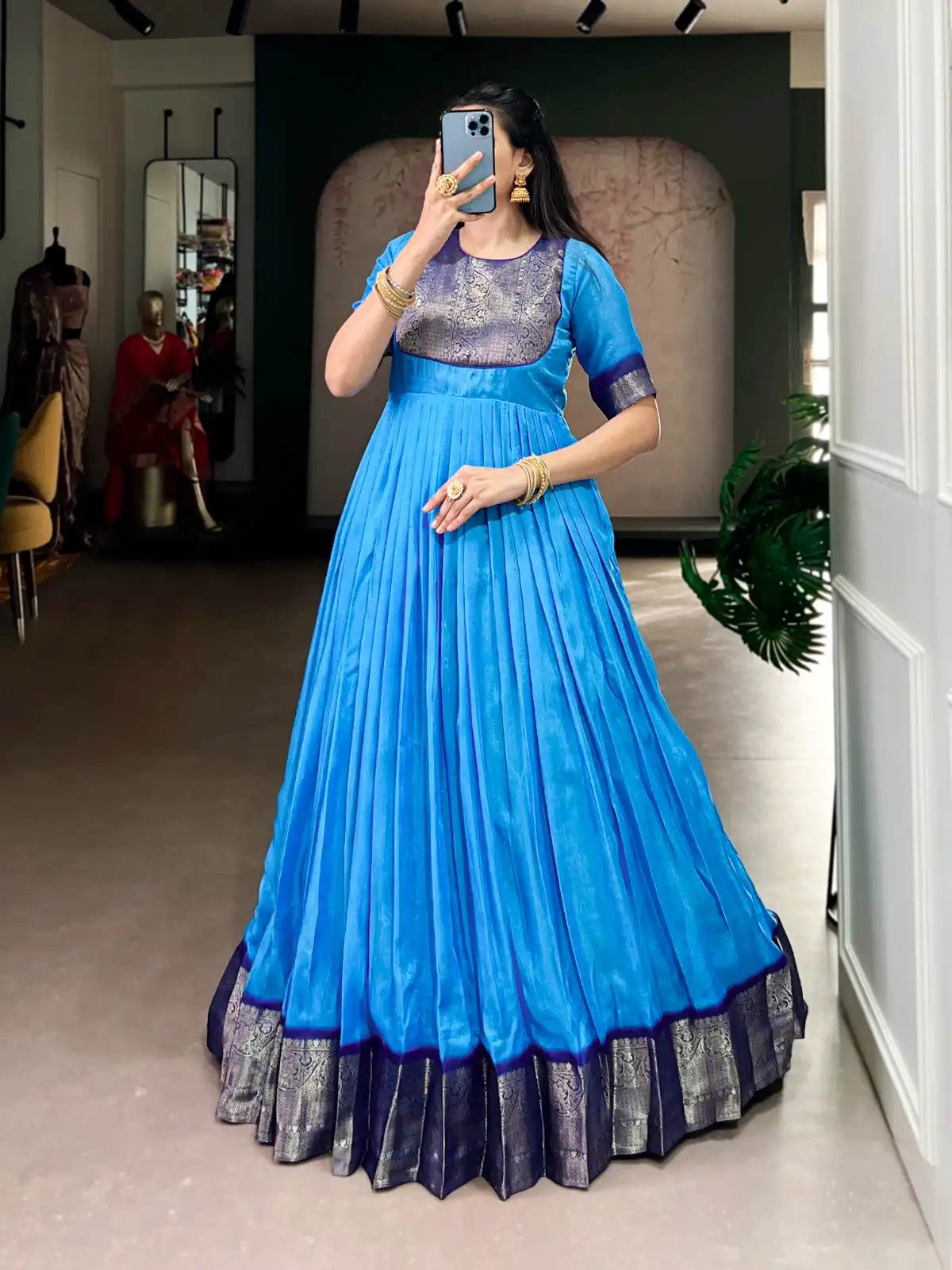 YNF 5012 Blue Mass Mello Gown with Zari Work. Available at ₹1799 only. Wedding, Party, Festive, Events Delivery 4-6 Working Days. Shop now. | Gowns, Bollywood Gowns, Creative Gowns, Designer Gowns, Embroidered Gowns, Party Wear Gowns
