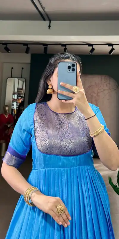 YNF 5012 Blue Mass Mello Gown with Zari Work. Available at ₹1799 only. Wedding, Party, Festive, Events Delivery 4-6 Working Days. Shop now. | Gowns, Bollywood Gowns, Creative Gowns, Designer Gowns, Embroidered Gowns, Party Wear Gowns