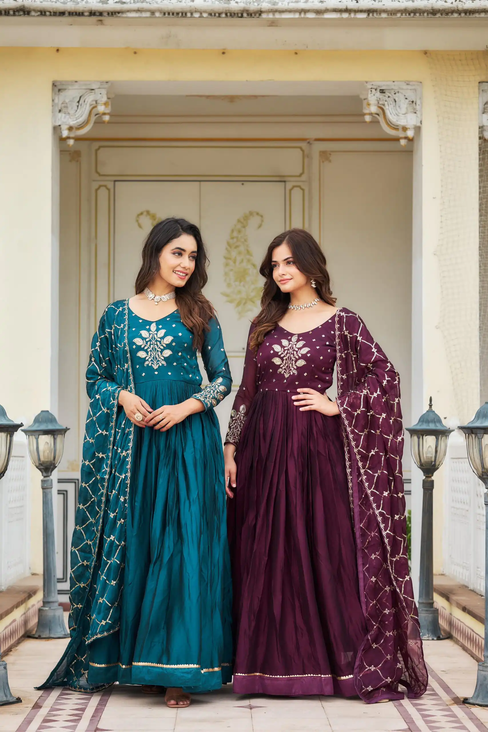 Ram 022 Blue Color Rangoli Sequence Embroidery Gown Casual, Wedding, Festive, Events Expected Delivery 4-6 Working Days @2099/- | Gowns, Bollywood Gowns, Creative Gowns, Designer Gowns, Embroidered Gowns, Party Wear Gowns