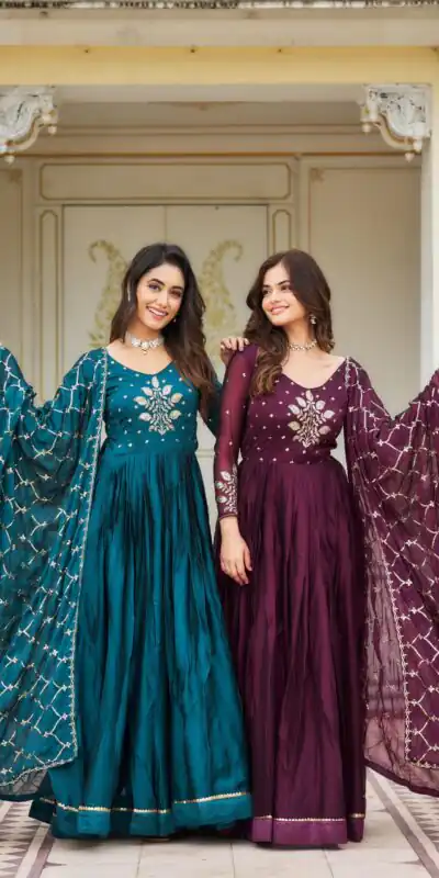 Ram 022 Blue Color Rangoli Sequence Embroidery Gown Casual, Wedding, Festive, Events Expected Delivery 4-6 Working Days @2099/- | Gowns, Bollywood Gowns, Creative Gowns, Designer Gowns, Embroidered Gowns, Party Wear Gowns