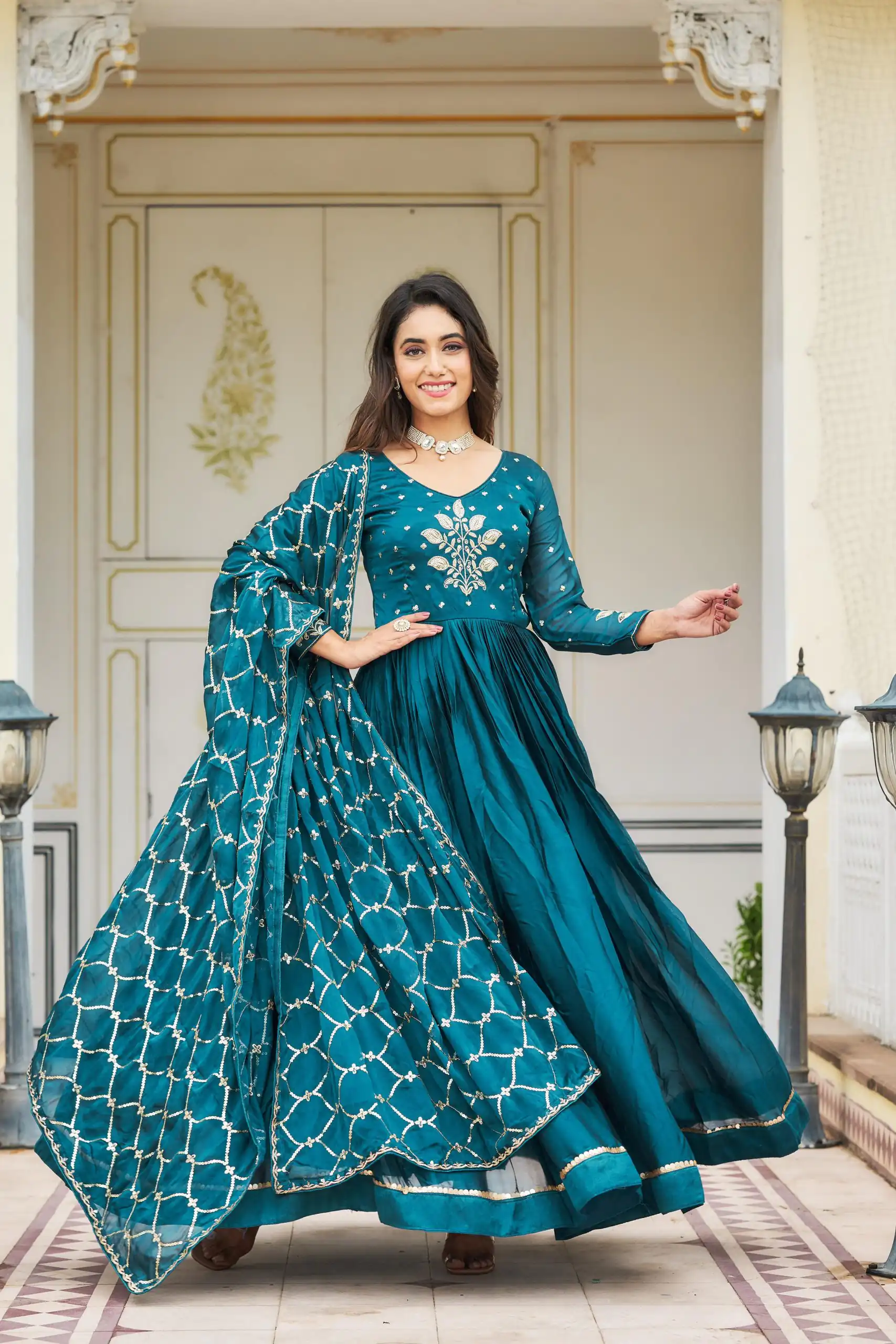 Ram 022 Blue Color Rangoli Sequence Embroidery Gown Casual, Wedding, Festive, Events Expected Delivery 4-6 Working Days @2099/- | Gowns, Bollywood Gowns, Creative Gowns, Designer Gowns, Embroidered Gowns, Party Wear Gowns