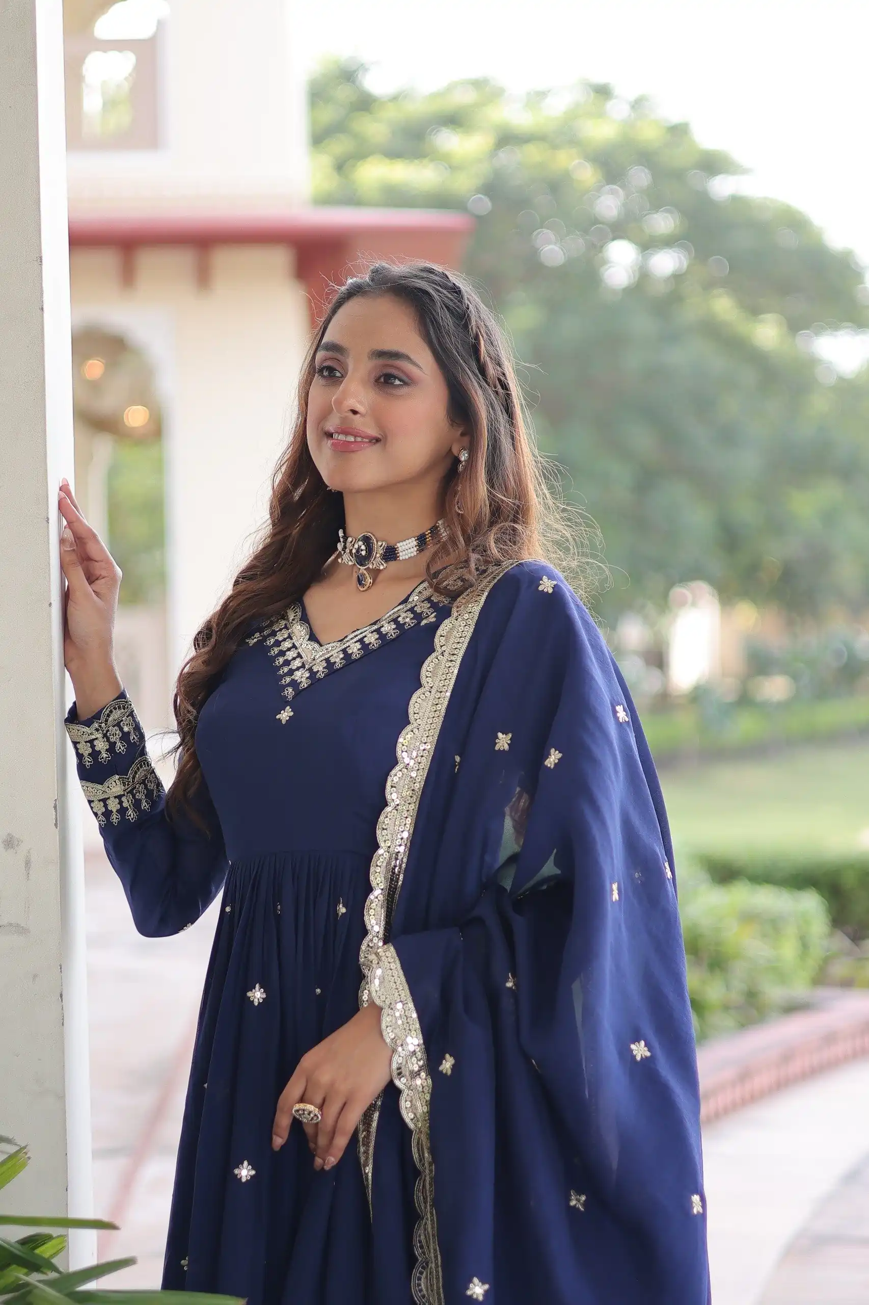 KA 1214 Blue Vichitra Silk Gown Perfect for Wedding, Party, Lohri, Onam, Festival Celebrations – . Grab it for ₹2449. Delivery 4-6 Working Days. | Gowns, Bollywood Gowns, Creative Gowns, Designer Gowns, Embroidered Gowns, Party Wear Gowns