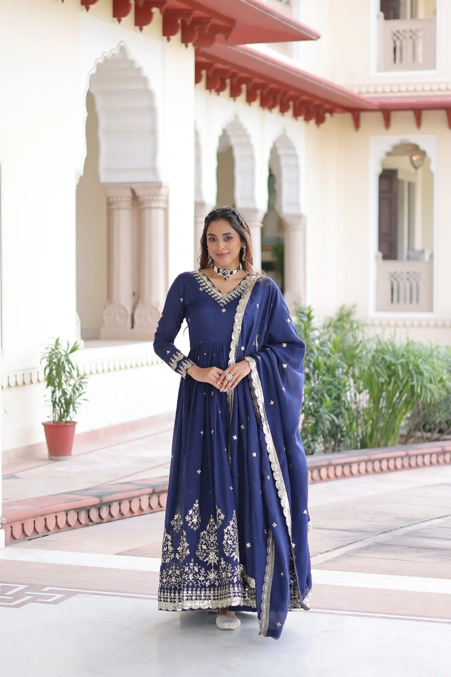KA 1214 Blue Vichitra Silk Gown Perfect for Wedding, Party, Lohri, Onam, Festival Celebrations – . Grab it for ₹2449. Delivery 4-6 Working Days. | Gowns, Bollywood Gowns, Creative Gowns, Designer Gowns, Embroidered Gowns, Party Wear Gowns