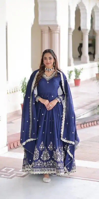 KA 1214 Blue Vichitra Silk Gown Perfect for Wedding, Party, Lohri, Onam, Festival Celebrations – . Grab it for ₹2449. Delivery 4-6 Working Days. | Gowns, Bollywood Gowns, Creative Gowns, Designer Gowns, Embroidered Gowns, Party Wear Gowns