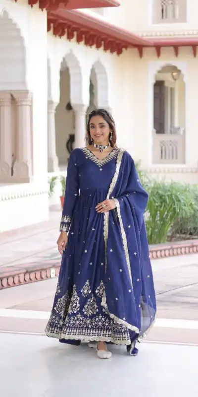 KA 1214 Blue Vichitra Silk Gown Perfect for Wedding, Party, Lohri, Onam, Festival Celebrations – . Grab it for ₹2449. Delivery 4-6 Working Days. | Gowns, Bollywood Gowns, Creative Gowns, Designer Gowns, Embroidered Gowns, Party Wear Gowns