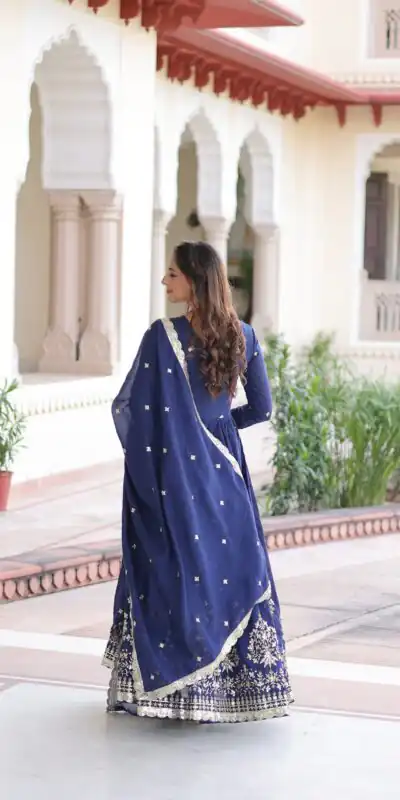 KA 1214 Blue Vichitra Silk Gown Perfect for Wedding, Party, Lohri, Onam, Festival Celebrations – . Grab it for ₹2449. Delivery 4-6 Working Days. | Gowns, Bollywood Gowns, Creative Gowns, Designer Gowns, Embroidered Gowns, Party Wear Gowns