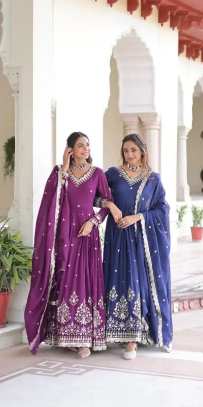 KA 1214 Blue Vichitra Silk Gown Perfect for Wedding, Party, Lohri, Onam, Festival Celebrations – . Grab it for ₹2449. Delivery 4-6 Working Days. | Gowns, Bollywood Gowns, Creative Gowns, Designer Gowns, Embroidered Gowns, Party Wear Gowns