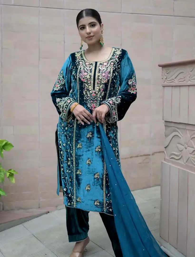 AD 184 Blue Viscose Velvet Salwar Suit with Embroidery Work. Introductory Price ₹2149. Delivery 4-6 Working Days. Shop now. | Casual Suits, Jump Suits, Tops & Bottoms, Track Suits, Salwar suit, Creative suits, Designer Suits, Palazzo Suits, Party Wear Suits, Patiala Suits, Straight Suits, Trendy Wear