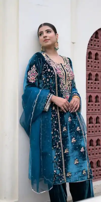 AD 184 Blue Viscose Velvet Salwar Suit with Embroidery Work. Introductory Price ₹2149. Delivery 4-6 Working Days. Shop now. | Casual Suits, Jump Suits, Tops & Bottoms, Track Suits, Salwar suit, Creative suits, Designer Suits, Palazzo Suits, Party Wear Suits, Patiala Suits, Straight Suits, Trendy Wear