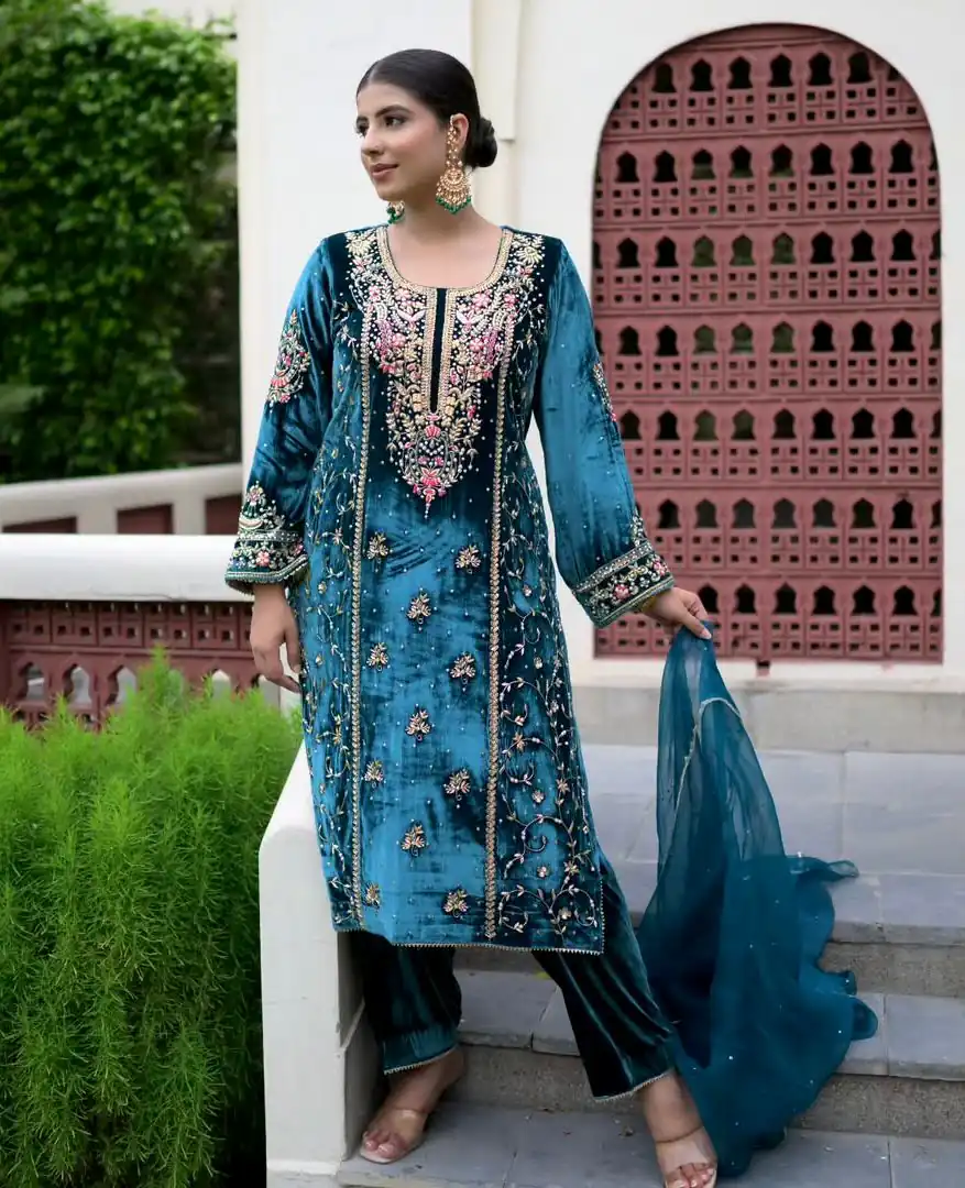AD 184 Blue Viscose Velvet Salwar Suit with Embroidery Work. Introductory Price ₹2149. Delivery 4-6 Working Days. Shop now. | Casual Suits, Jump Suits, Tops & Bottoms, Track Suits, Salwar suit, Creative suits, Designer Suits, Palazzo Suits, Party Wear Suits, Patiala Suits, Straight Suits, Trendy Wear