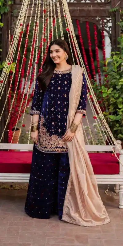 Blue Viscose Velvet Thread Sequence Work Salwar Suit