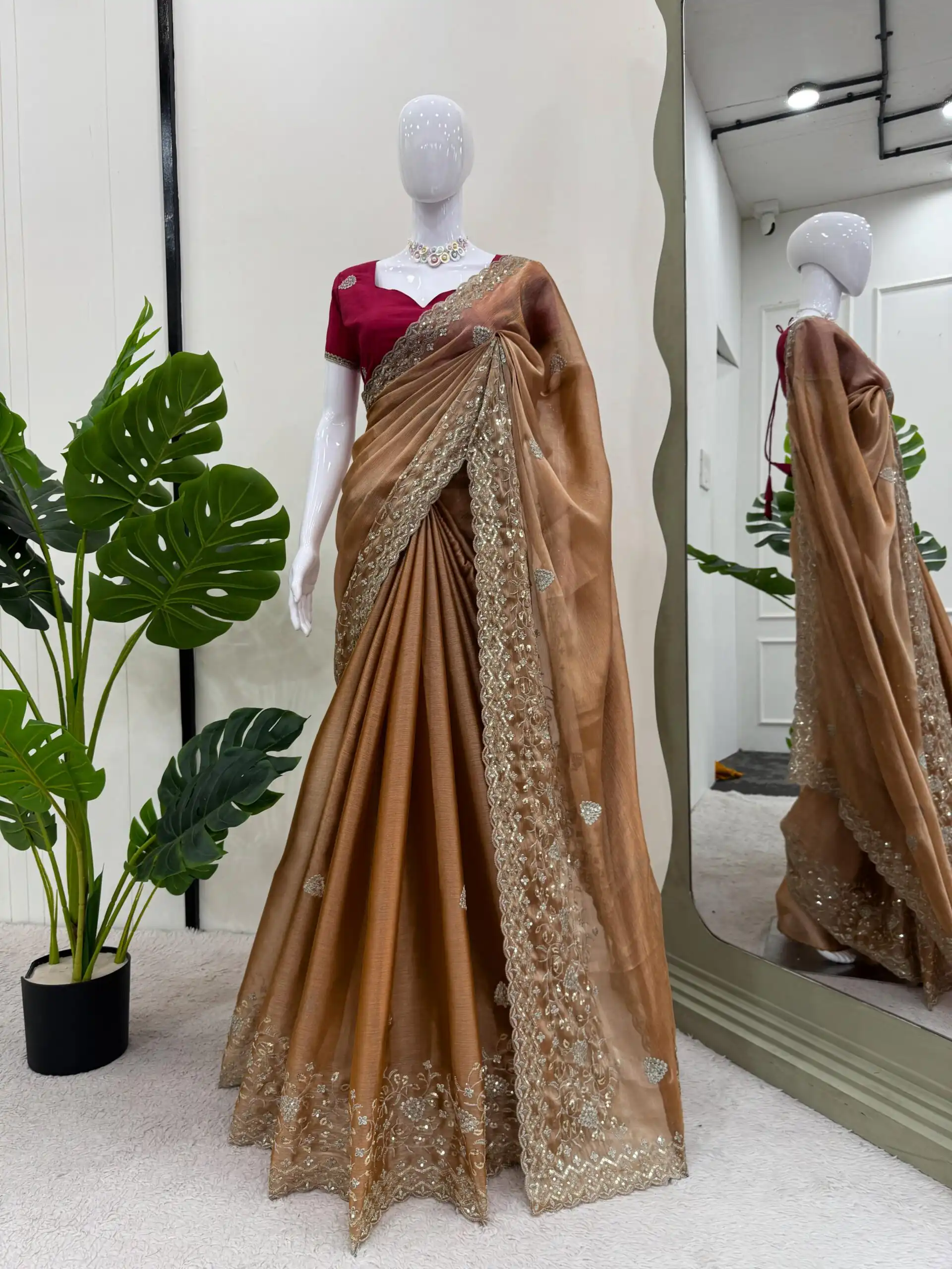 KD 566 Brown Burberry Silk Sequence work Saree with Designer Work. Special Price ₹1949. Delivery 4-6 Working Days. Shop now. | Sarees, Bollywood Sarees, Creative Sarees, Designer Sarees, Embroidered Sarees, Ethnic Saree, Modern Digital sarees, Party Wear Sarees