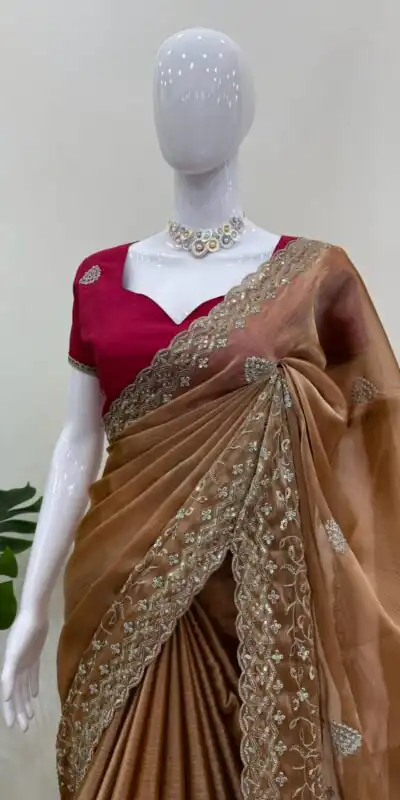 KD 566 Brown Burberry Silk Sequence work Saree with Designer Work. Special Price ₹1949. Delivery 4-6 Working Days. Shop now. | Sarees, Bollywood Sarees, Creative Sarees, Designer Sarees, Embroidered Sarees, Ethnic Saree, Modern Digital sarees, Party Wear Sarees
