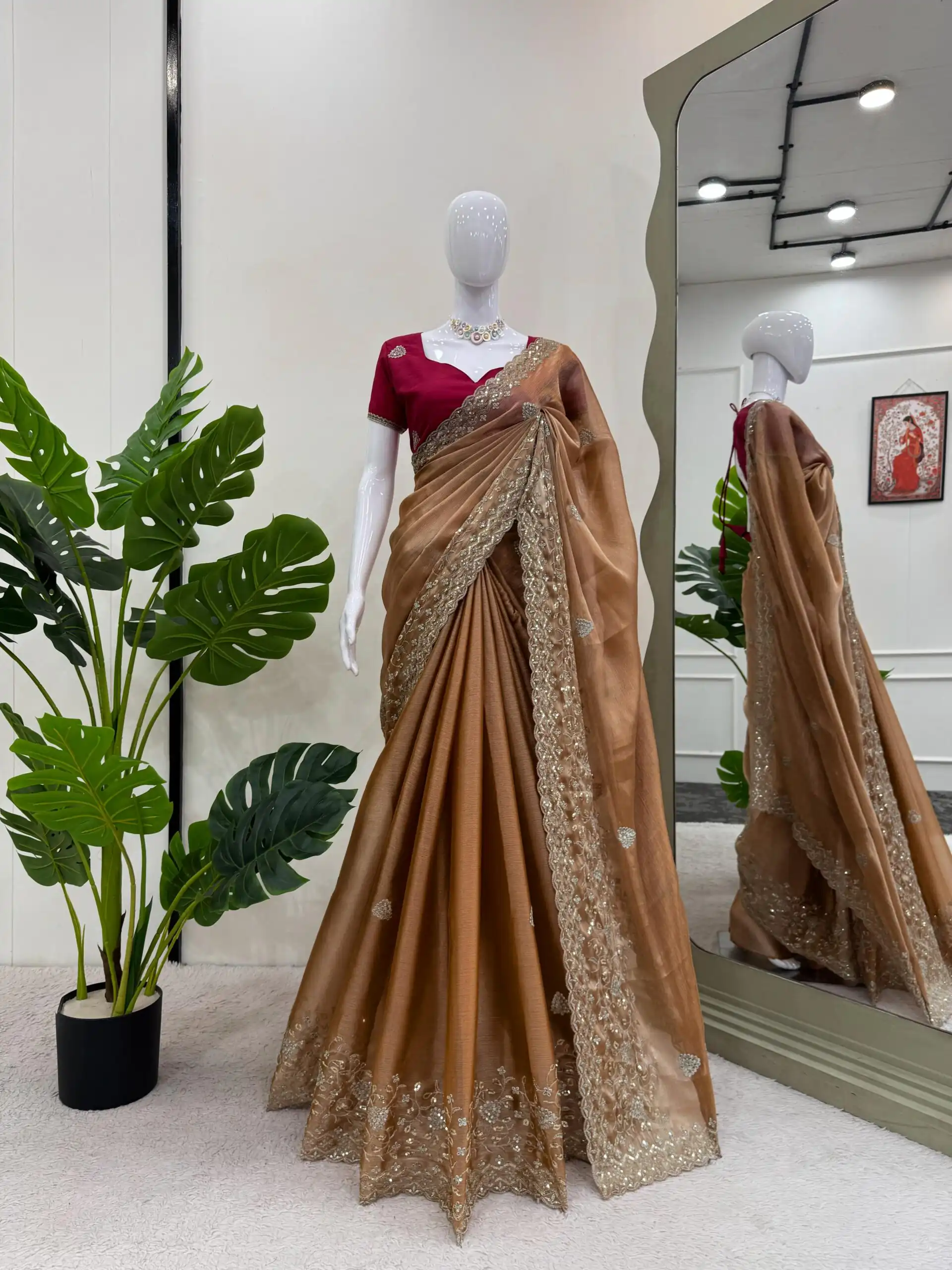 KD 566 Brown Burberry Silk Sequence work Saree with Designer Work. Special Price ₹1949. Delivery 4-6 Working Days. Shop now. | Sarees, Bollywood Sarees, Creative Sarees, Designer Sarees, Embroidered Sarees, Ethnic Saree, Modern Digital sarees, Party Wear Sarees