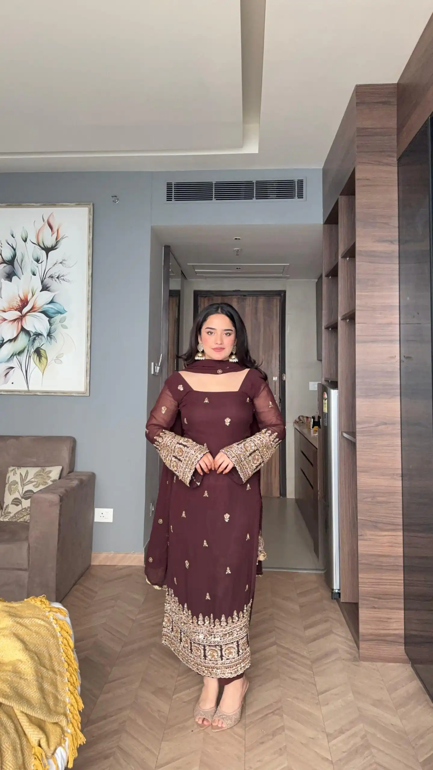 ZSR 3156 Brown Georgette Salwar Suit with Embroidery Work. Wedding, Party, Festive, Events, Grab it for ₹2049. Delivery 4-6 Working Days. Shop now. | Casual Suits, Jump Suits, Tops & Bottoms, Track Suits, Salwar suit, Creative suits, Designer Suits, Palazzo Suits, Party Wear Suits, Patiala Suits, Straight Suits, Trendy Wear