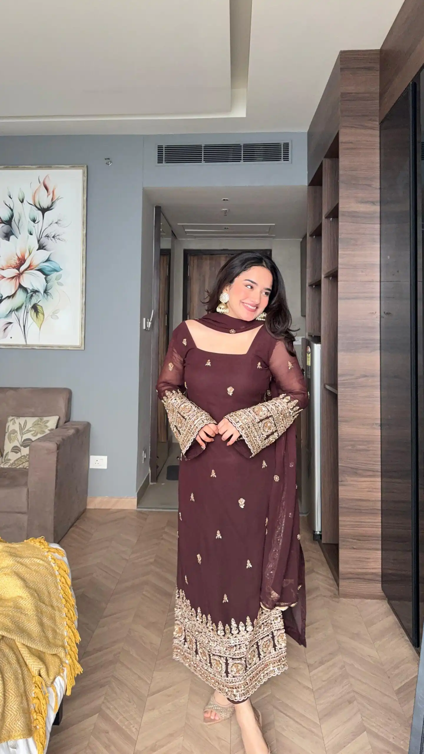 ZSR 3156 Brown Georgette Salwar Suit with Embroidery Work. Wedding, Party, Festive, Events, Grab it for ₹2049. Delivery 4-6 Working Days. Shop now. | Casual Suits, Jump Suits, Tops & Bottoms, Track Suits, Salwar suit, Creative suits, Designer Suits, Palazzo Suits, Party Wear Suits, Patiala Suits, Straight Suits, Trendy Wear