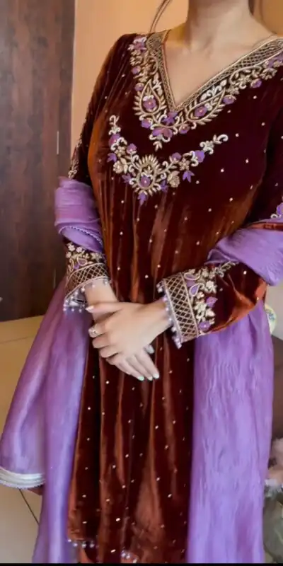 LG 2039 Brown Velvet Salwar Suit with Bead Work & Embroidery Work. Best Price ₹1999. Delivery 4-6 Working Days. Shop now. | Casual Suits, Jump Suits, Tops & Bottoms, Track Suits, Salwar suit, Creative suits, Designer Suits, Palazzo Suits, Party Wear Suits, Patiala Suits, Straight Suits, Trendy Wear